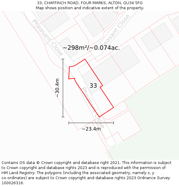 33, CHAFFINCH ROAD, FOUR MARKS, ALTON, GU34 5FG: Plot and title map