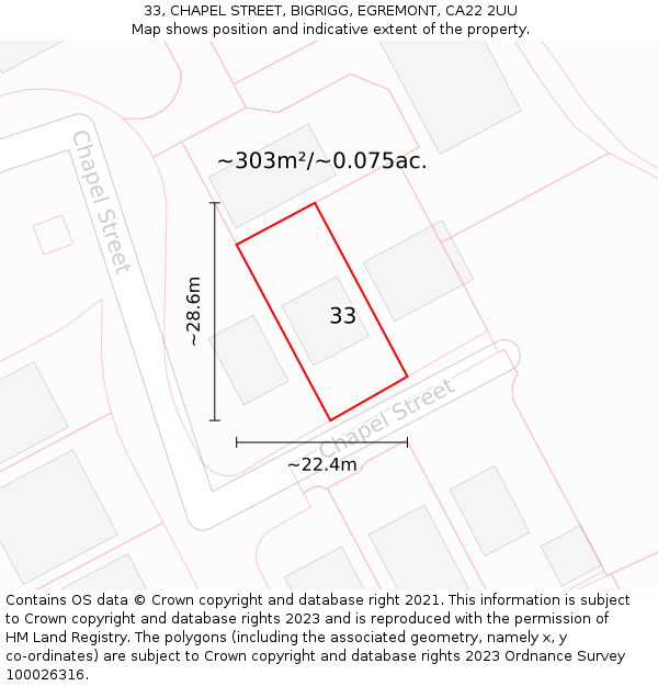 33, CHAPEL STREET, BIGRIGG, EGREMONT, CA22 2UU: Plot and title map
