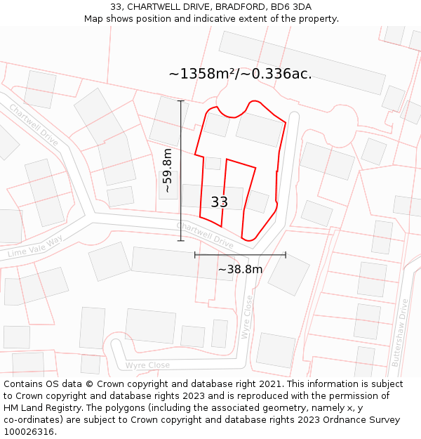 33, CHARTWELL DRIVE, BRADFORD, BD6 3DA: Plot and title map