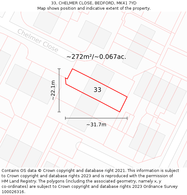 33, CHELMER CLOSE, BEDFORD, MK41 7YD: Plot and title map