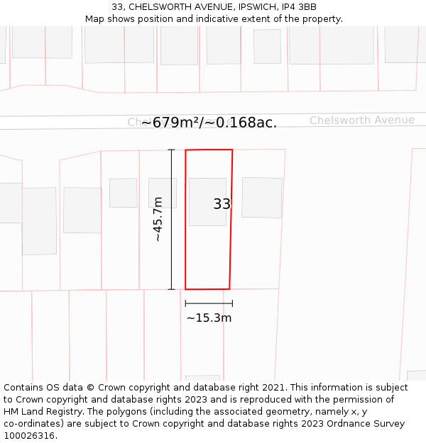 33, CHELSWORTH AVENUE, IPSWICH, IP4 3BB: Plot and title map