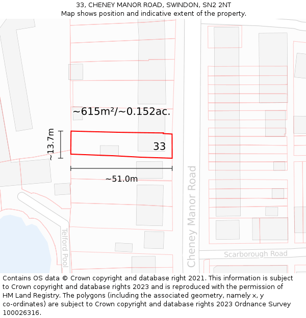 33, CHENEY MANOR ROAD, SWINDON, SN2 2NT: Plot and title map