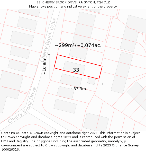 33, CHERRY BROOK DRIVE, PAIGNTON, TQ4 7LZ: Plot and title map