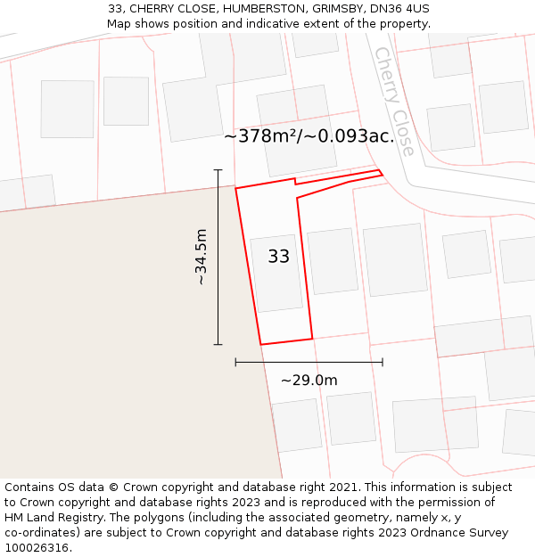 33, CHERRY CLOSE, HUMBERSTON, GRIMSBY, DN36 4US: Plot and title map