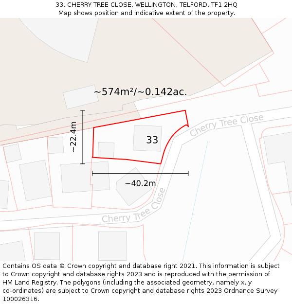 33, CHERRY TREE CLOSE, WELLINGTON, TELFORD, TF1 2HQ: Plot and title map