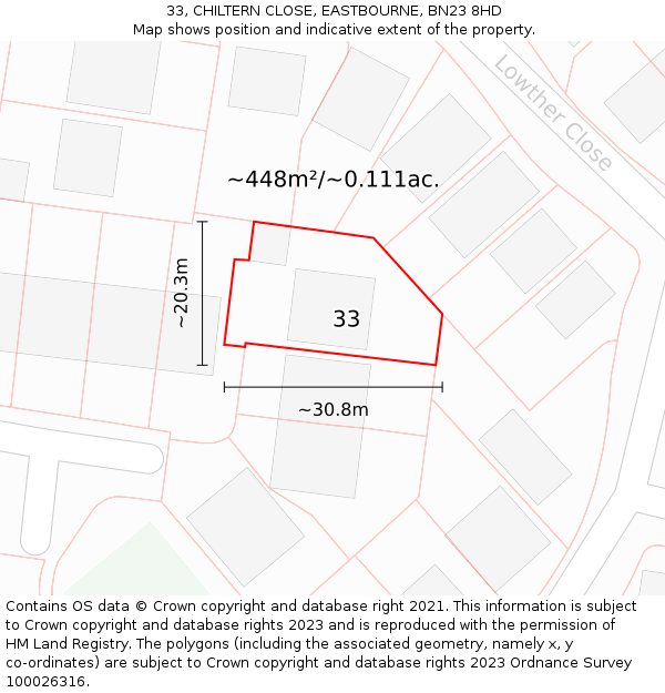 33, CHILTERN CLOSE, EASTBOURNE, BN23 8HD: Plot and title map