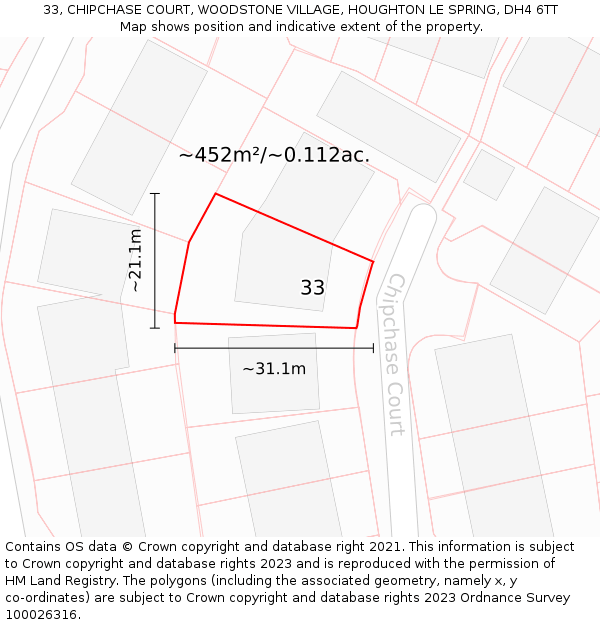 33, CHIPCHASE COURT, WOODSTONE VILLAGE, HOUGHTON LE SPRING, DH4 6TT: Plot and title map
