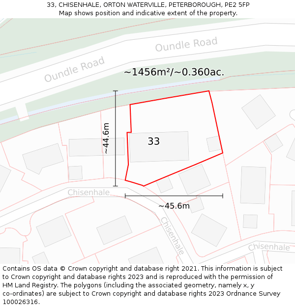 33, CHISENHALE, ORTON WATERVILLE, PETERBOROUGH, PE2 5FP: Plot and title map