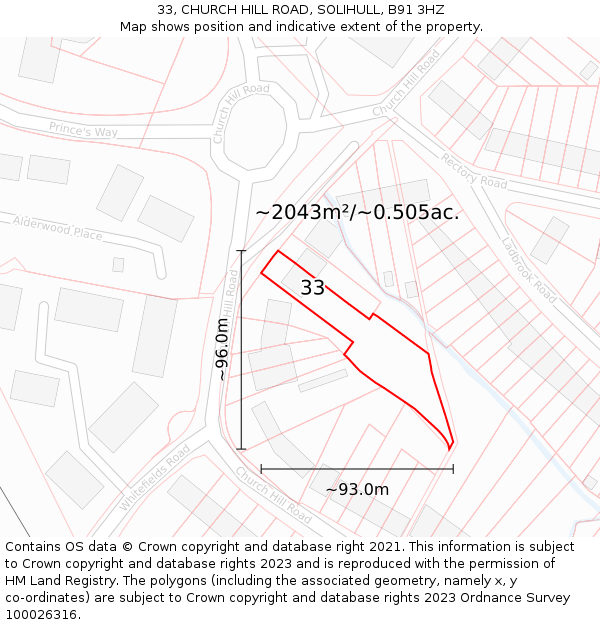 33, CHURCH HILL ROAD, SOLIHULL, B91 3HZ: Plot and title map