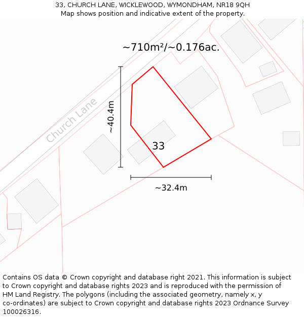 33, CHURCH LANE, WICKLEWOOD, WYMONDHAM, NR18 9QH: Plot and title map