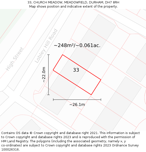 33, CHURCH MEADOW, MEADOWFIELD, DURHAM, DH7 8RH: Plot and title map