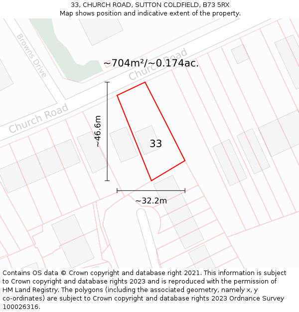 33, CHURCH ROAD, SUTTON COLDFIELD, B73 5RX: Plot and title map