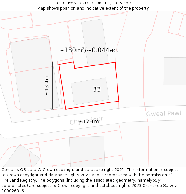 33, CHYANDOUR, REDRUTH, TR15 3AB: Plot and title map