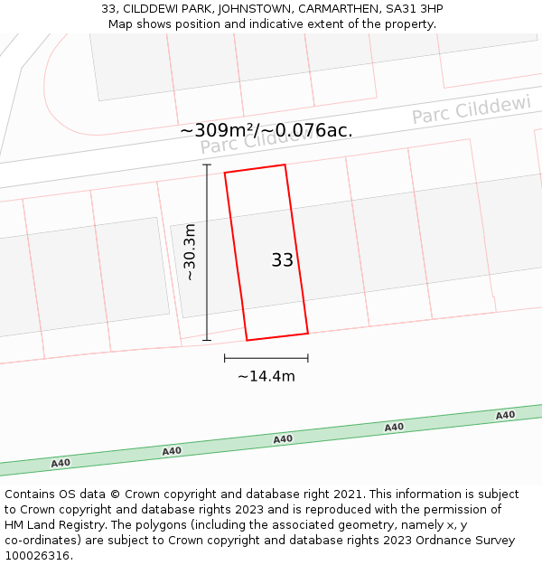 33, CILDDEWI PARK, JOHNSTOWN, CARMARTHEN, SA31 3HP: Plot and title map