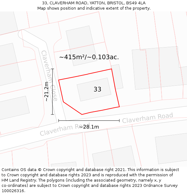 33, CLAVERHAM ROAD, YATTON, BRISTOL, BS49 4LA: Plot and title map