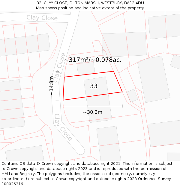 33, CLAY CLOSE, DILTON MARSH, WESTBURY, BA13 4DU: Plot and title map