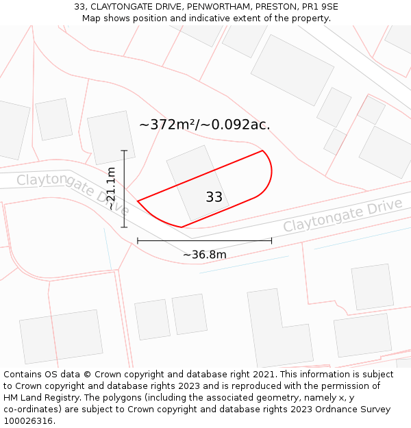 33, CLAYTONGATE DRIVE, PENWORTHAM, PRESTON, PR1 9SE: Plot and title map