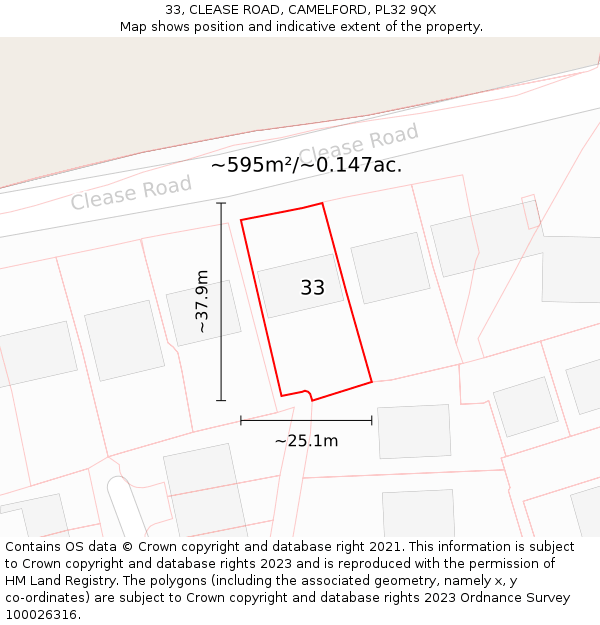 33, CLEASE ROAD, CAMELFORD, PL32 9QX: Plot and title map