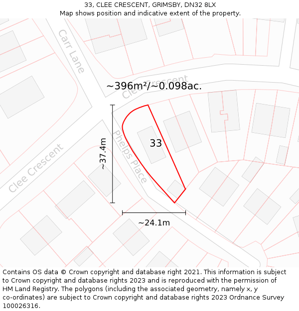 33, CLEE CRESCENT, GRIMSBY, DN32 8LX: Plot and title map