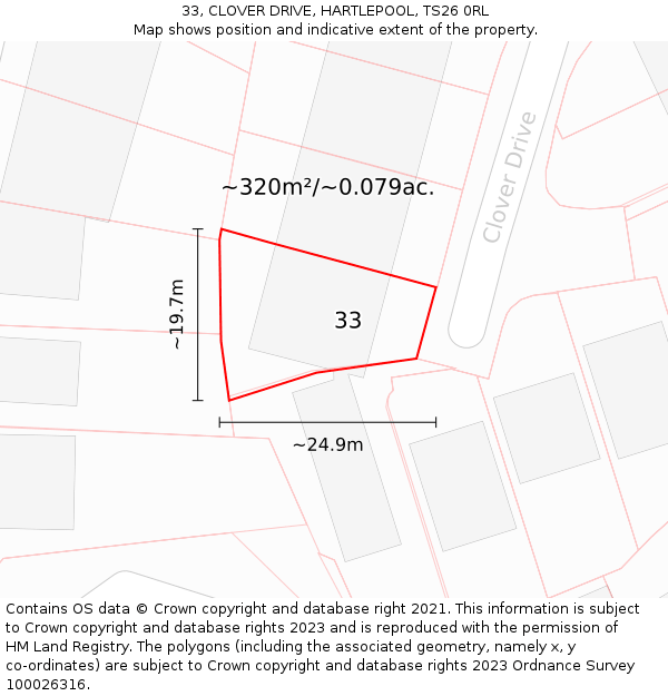 33, CLOVER DRIVE, HARTLEPOOL, TS26 0RL: Plot and title map