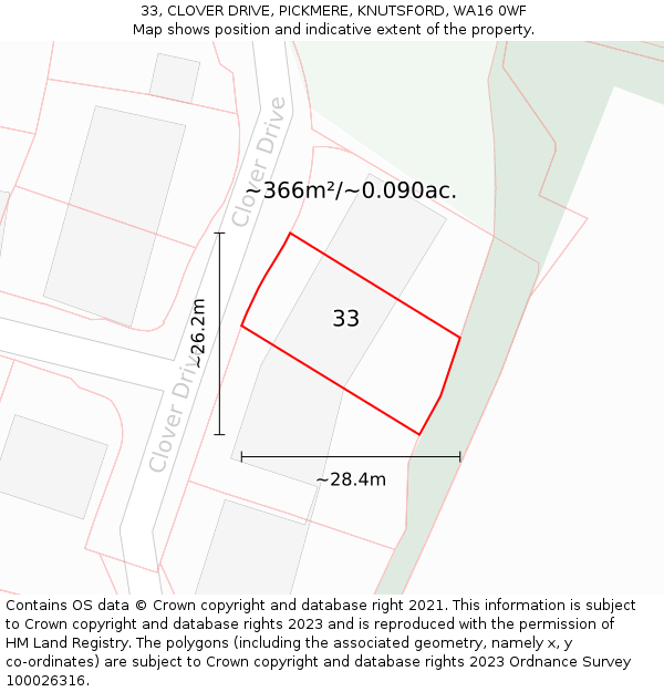 33, CLOVER DRIVE, PICKMERE, KNUTSFORD, WA16 0WF: Plot and title map