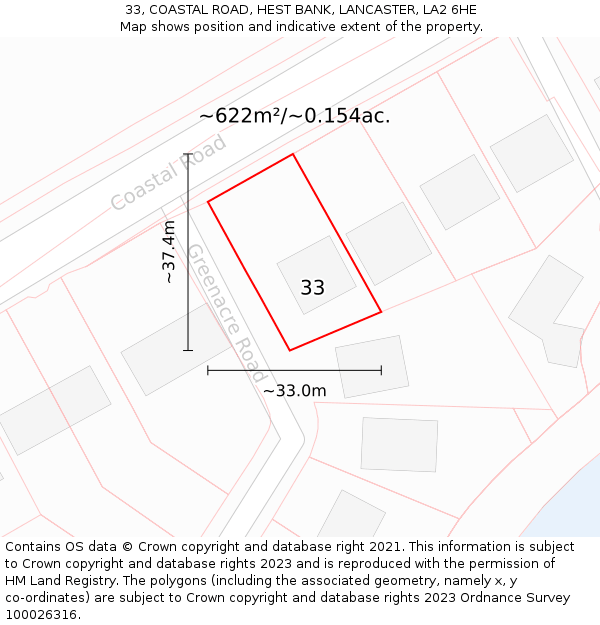 33, COASTAL ROAD, HEST BANK, LANCASTER, LA2 6HE: Plot and title map
