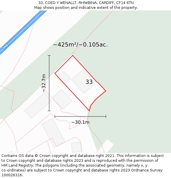 33, COED Y WENALLT, RHIWBINA, CARDIFF, CF14 6TN: Plot and title map