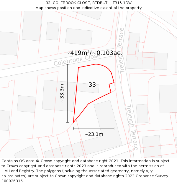 33, COLEBROOK CLOSE, REDRUTH, TR15 1DW: Plot and title map