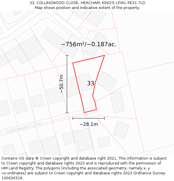 33, COLLINGWOOD CLOSE, HEACHAM, KING'S LYNN, PE31 7LD: Plot and title map