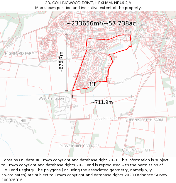 33, COLLINGWOOD DRIVE, HEXHAM, NE46 2JA: Plot and title map