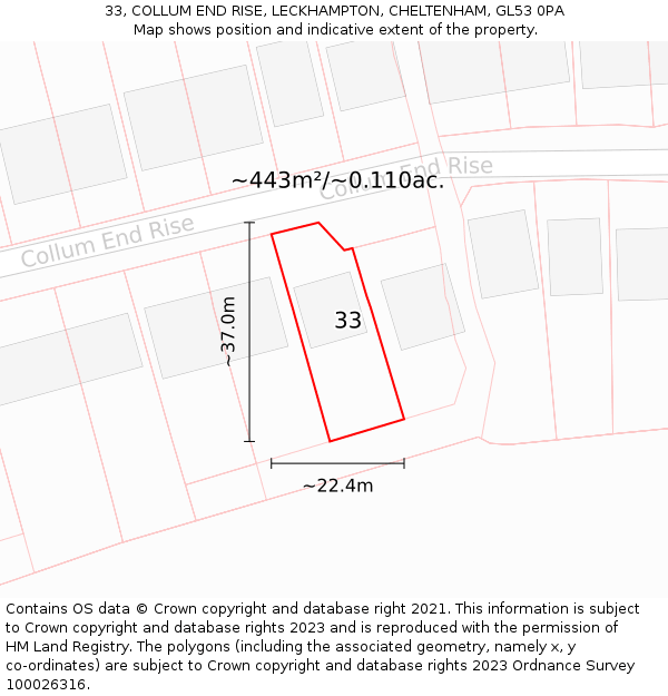 33, COLLUM END RISE, LECKHAMPTON, CHELTENHAM, GL53 0PA: Plot and title map