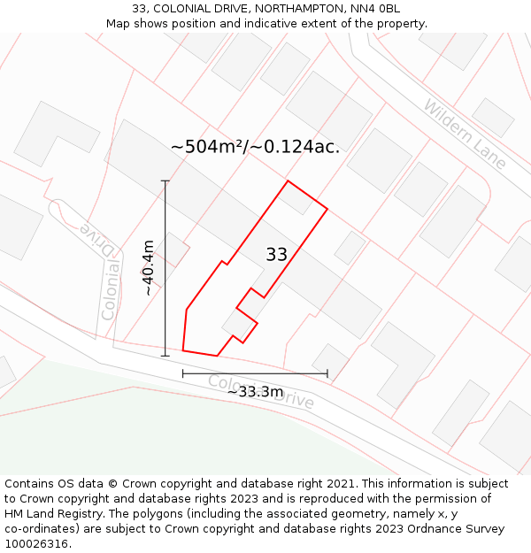 33, COLONIAL DRIVE, NORTHAMPTON, NN4 0BL: Plot and title map