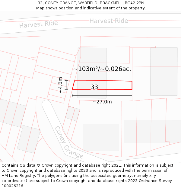 33, CONEY GRANGE, WARFIELD, BRACKNELL, RG42 2PN: Plot and title map