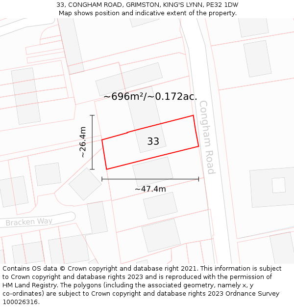 33, CONGHAM ROAD, GRIMSTON, KING'S LYNN, PE32 1DW: Plot and title map