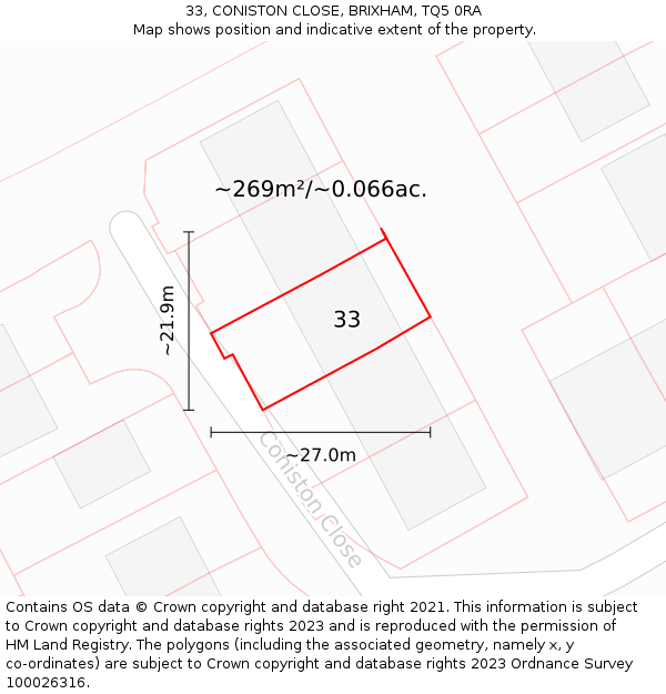 33, CONISTON CLOSE, BRIXHAM, TQ5 0RA: Plot and title map
