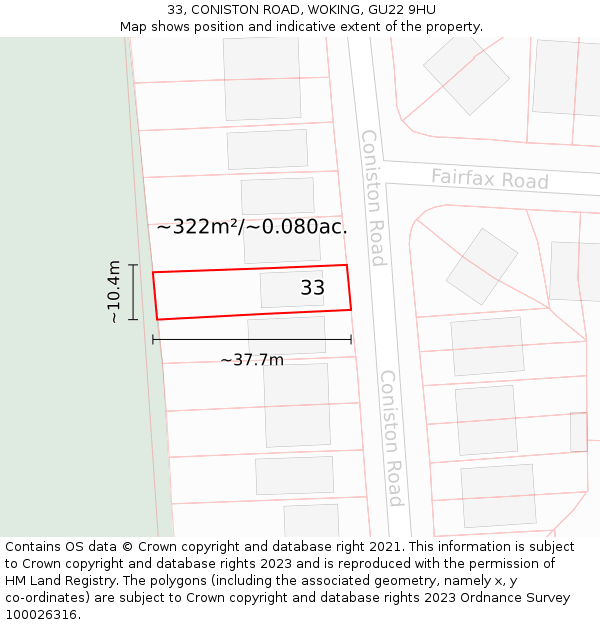 33, CONISTON ROAD, WOKING, GU22 9HU: Plot and title map