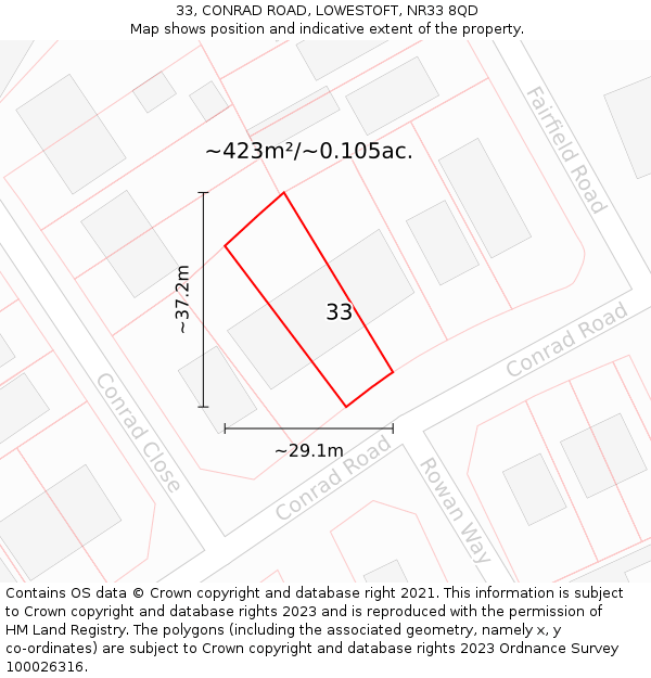33, CONRAD ROAD, LOWESTOFT, NR33 8QD: Plot and title map