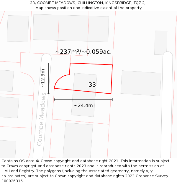33, COOMBE MEADOWS, CHILLINGTON, KINGSBRIDGE, TQ7 2JL: Plot and title map