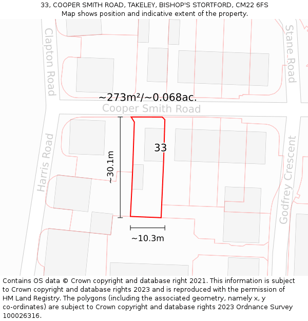 33, COOPER SMITH ROAD, TAKELEY, BISHOP'S STORTFORD, CM22 6FS: Plot and title map