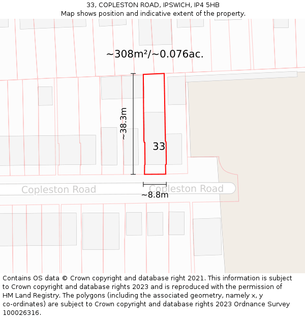 33, COPLESTON ROAD, IPSWICH, IP4 5HB: Plot and title map