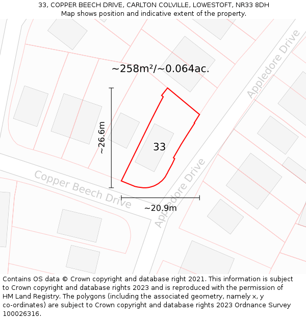 33, COPPER BEECH DRIVE, CARLTON COLVILLE, LOWESTOFT, NR33 8DH: Plot and title map