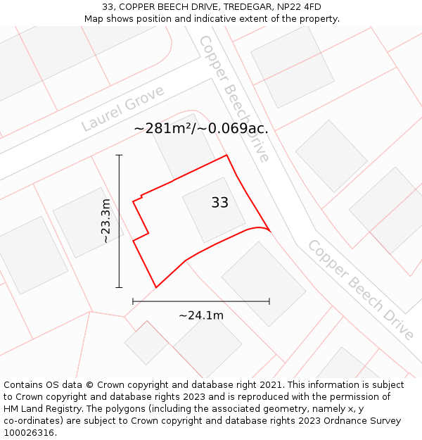 33, COPPER BEECH DRIVE, TREDEGAR, NP22 4FD: Plot and title map