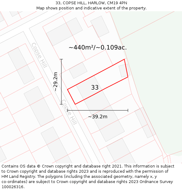 33, COPSE HILL, HARLOW, CM19 4PN: Plot and title map