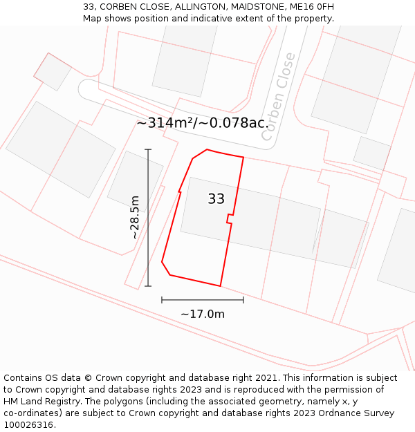 33, CORBEN CLOSE, ALLINGTON, MAIDSTONE, ME16 0FH: Plot and title map