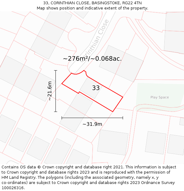 33, CORINTHIAN CLOSE, BASINGSTOKE, RG22 4TN: Plot and title map
