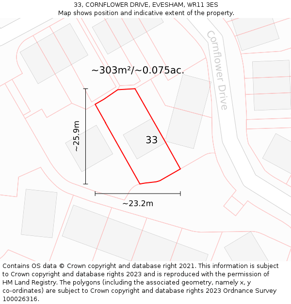 33, CORNFLOWER DRIVE, EVESHAM, WR11 3ES: Plot and title map