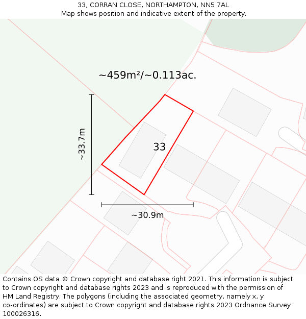 33, CORRAN CLOSE, NORTHAMPTON, NN5 7AL: Plot and title map
