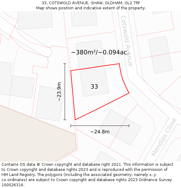 33, COTSWOLD AVENUE, SHAW, OLDHAM, OL2 7RF: Plot and title map