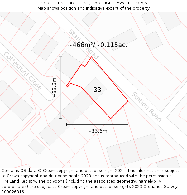 33, COTTESFORD CLOSE, HADLEIGH, IPSWICH, IP7 5JA: Plot and title map