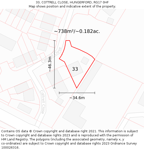 33, COTTRELL CLOSE, HUNGERFORD, RG17 0HF: Plot and title map